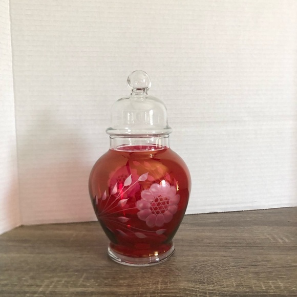 Vtg Hughes Ruby Glass Apothecary Jar with Etched Cornflower Design - Picture 9 of 12
